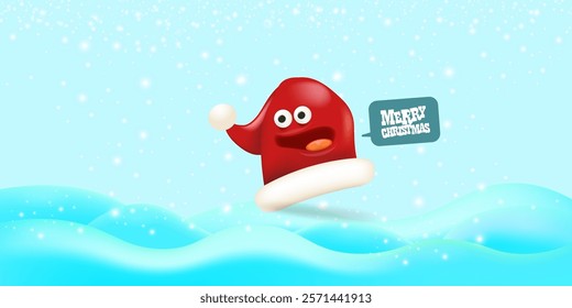 Vector cartoon happy Santa Claus red hat character with eyes and mouth isolated on blue snow background. Merry Christmas greeting card, poster and horizontal banner with funny Santa Claus hat