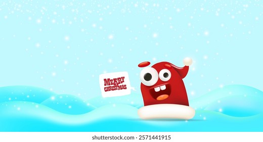 Vector cartoon happy Santa Claus red hat character with eyes and mouth isolated on blue snow background. Merry Christmas greeting card, poster and horizontal banner with funny Santa Claus hat