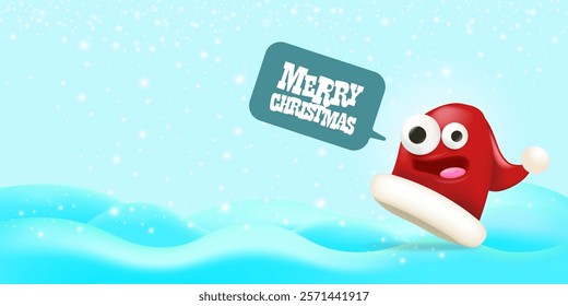 Vector cartoon happy Santa Claus red hat character with eyes and mouth isolated on blue snow background. Merry Christmas greeting card, poster and horizontal banner with funny Santa Claus hat