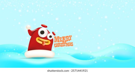 Vector cartoon happy Santa Claus red hat character with eyes and mouth isolated on blue snow background. Merry Christmas greeting card, poster and horizontal banner with funny Santa Claus hat