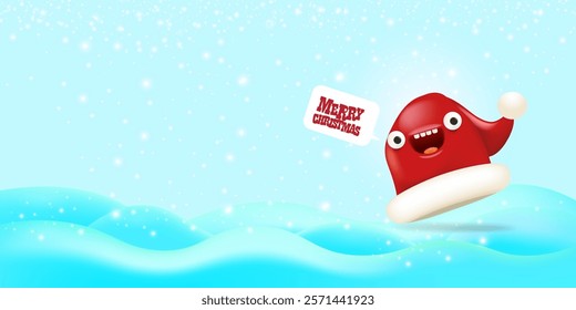 Vector cartoon happy Santa Claus red hat character with eyes and mouth isolated on blue snow background. Merry Christmas greeting card, poster and horizontal banner with funny Santa Claus hat