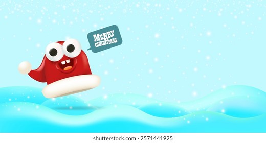 Vector cartoon happy Santa Claus red hat character with eyes and mouth isolated on blue snow background. Merry Christmas greeting card, poster and horizontal banner with funny Santa Claus hat