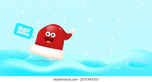 Vector cartoon happy Santa Claus red hat character with eyes and mouth isolated on blue snow background. Merry Christmas greeting card, poster and horizontal banner with funny Santa Claus hat