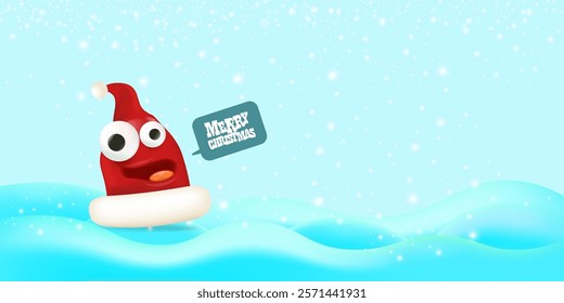 Vector cartoon happy Santa Claus red hat character with eyes and mouth isolated on blue snow background. Merry Christmas greeting card, poster and horizontal banner with funny Santa Claus hat