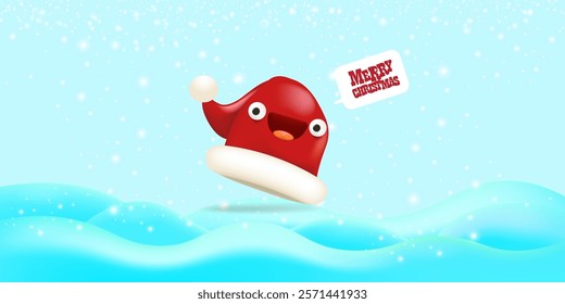 Vector cartoon happy Santa Claus red hat character with eyes and mouth isolated on blue snow background. Merry Christmas greeting card, poster and horizontal banner with funny Santa Claus hat