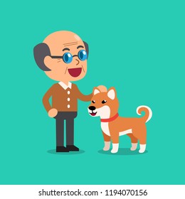 Vector cartoon happy senior man with cute shiba inu dog