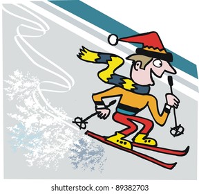 Vector cartoon of happy skier rushing down mountain slope
