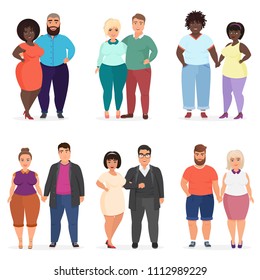 Vector Cartoon happy and smiling plus size people couples. Man and woman. Curvy, overweight fat people in casual dress clothes.