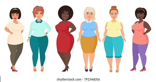 Vector Cartoon happy and smiling plus size woman females. Curvy, overweight girl in casual dress clothes.