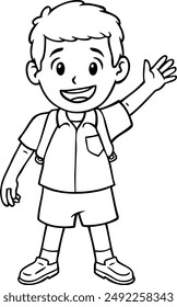 Vektorgrafik Cartoon Happy Student Boy in der Schule Uniform Waving Line Art