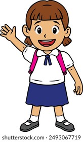 Vector Cartoon Happy Student Girl In School Uniform Waving