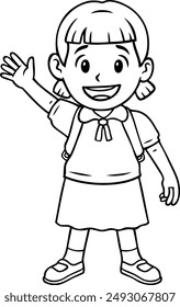 Vector Cartoon Happy Student Girl In School Uniform Waving Line Art