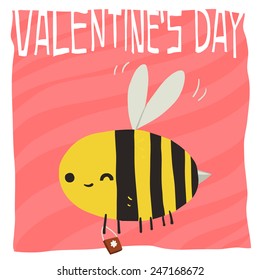 Vector cartoon Happy valentine's day flat greeting card. For game presentation, user interface tablet, smart phone. With cute bee.