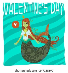 Vector cartoon Happy valentine's day flat greeting card. For game presentation, user interface tablet, smart phone. With cute mermaid.