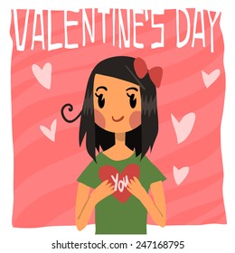 Vector cartoon Happy valentine's day flat greeting card. For game presentation, user interface tablet, smart phone. With cute girl.