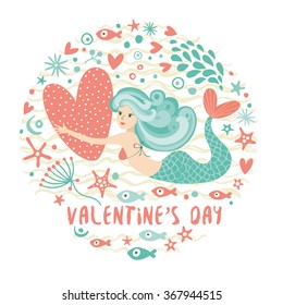 Vector cartoon Happy valentine's day flat greeting card. For game presentation, user interface tablet, smart phone. With cute mermaid.