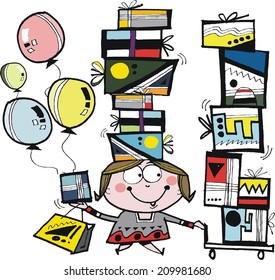 Vector Cartoon Happy Woman Shopping Piles Stock Vector (royalty Free 