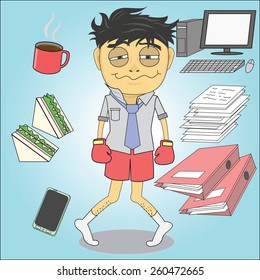 Vector cartoon of hard working employees sleepy and hungry