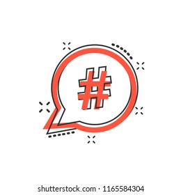 Vector cartoon hashtag icon in comic style. Social media marketing concept illustration pictogram. Hashtag network business splash effect concept.