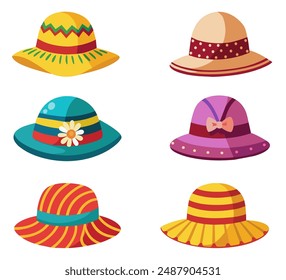 Vector cartoon headgears. Collection of woman summer hats. Clothing accessory.