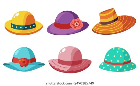 Vector cartoon headgears. Collection of woman summer hats. Clothing accessory.