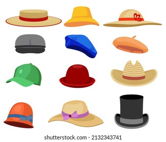 Vector Cartoon headgears. Hats fashion clothes, man and woman headwear, summer female straw hat,  retro cap. Fashion head hat. Clothing accessory. Vintage colorful isolated llustration. 