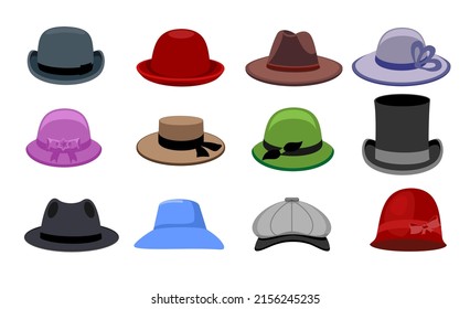 Vector Cartoon headgears. Hats fashion clothes, man and woman headwear. Fashion head hat. Clothing accessory. Colorful isolated illustration. Cap, bowler hat, top hat, women's hat