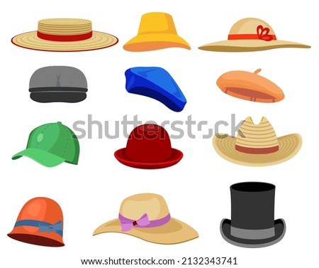 Vector Cartoon headgears. Hats fashion clothes, man and woman headwear, summer female straw hat,  retro cap. Fashion head hat. Clothing accessory. Vintage colorful isolated llustration.  Foto d'archivio © 