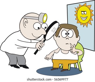 Vector cartoon of health professional examining patient for sunspot damage.