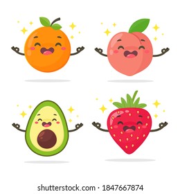 Vector cartoon healthy fruit oranges, peaches, avocado and strawberries Isolated on white background