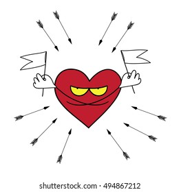 Vector cartoon heart attack. Picture of a heart that demands mercy from the arrows, raising the white flag.