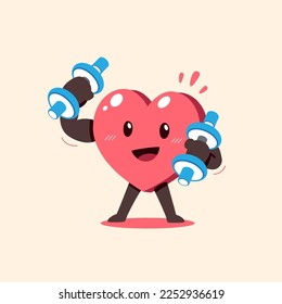 Vector cartoon heart character doing weight training for design.