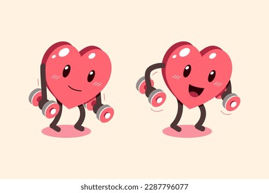 Vector cartoon heart character doing weight training for design.