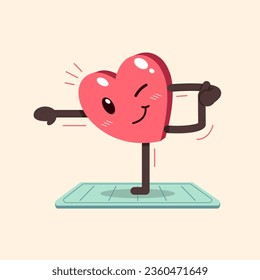 Vector cartoon heart character doing yoga on exercise mat for design.