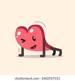 Vector cartoon heart character doing push up for design.