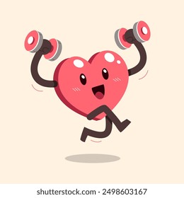 Vector cartoon heart character doing weight training for design.