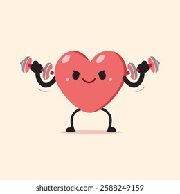 Vector cartoon heart character doing dumbbells weight training for design.