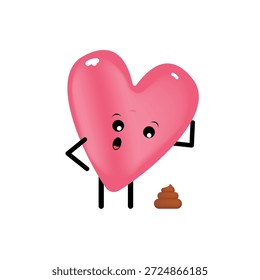 Vektor-Cartoon-Herz-Charakter mit Poo. Valentinstag handgezeichnet lustig und süß Herz Emoji Charakter einzeln auf weißem Hintergrund. Konzept Valentinstag Comic funky Kinder Aufkleber