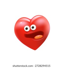 Personaje de corazón de dibujos animados de Vector con cara sonriente estilo 3D. Carácter rojo divertido y lindo del emoji del corazón del día de San Valentín aislado en fondo blanco. Conceptual día de San Valentín cómic funky kids sticker