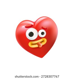 Vektor Cartoon Herz Charakter mit lächelndem Gesicht 3D-Stil. Valentinstag rot lustig und süß Herz Emoji-Charakter einzeln auf weißem Hintergrund. Konzept Valentinstag Comic funky Kinder Aufkleber