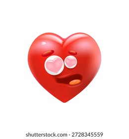 Vektor Cartoon Herz Charakter mit lächelndem Gesicht 3D-Stil. Valentinstag rot lustig und süß Herz Emoji-Charakter einzeln auf weißem Hintergrund. Konzept Valentinstag Comic funky Kinder Aufkleber