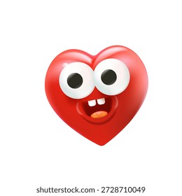 Personaje de corazón de dibujos animados de Vector con cara sonriente estilo 3D. Carácter rojo divertido y lindo del emoji del corazón del día de San Valentín aislado en fondo blanco. Conceptual día de San Valentín cómic funky kids sticker