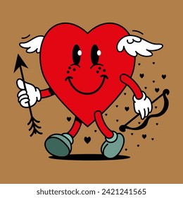 Vector cartoon heart with cupid arrow and bow in groovy style.