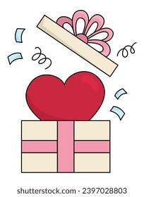 Vektorgrafik Herz aus der aktuellen Box. Line-Geschenk isolierte Clip-Art. Kleine Illustration. Funny Saint Valentine Day Ikone für Kinder mit Liebe oder Überraschungskonzept
