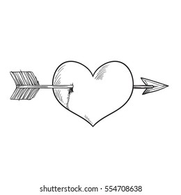 Vector cartoon heart pieced by Cupid arrow. Black and white version. Heart pierced by arrow, symbol of love, romance and passion, marriage icon. Sketch style illustration isolated on white background.