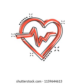 Vector cartoon heartbeat line with heart icon in comic style. Heartbeat concept illustration pictogram. Heart rhythm business splash effect concept.