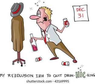 A Vector Cartoon Of A Heavy Drinker And His New Years Resolution To Quit. Man, Coat Rack, Cans And Calender Are All On Separate Layers.