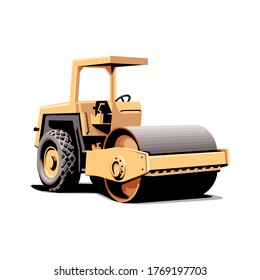 Vector cartoon of a heavy vehicle for construction. Large yellow steamroller vector flat design illustration isolated on white background