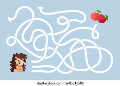 Vector cartoon hedgehog and apple. Vector illustrations for children books. Labyrinth. Educational game for children. 