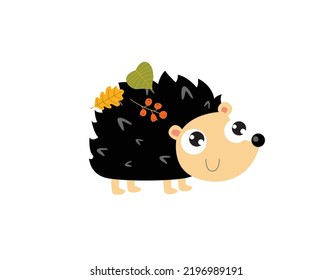 Vector cartoon hedgehog. Cute forest animal. Cartoon character. Hedgehog carries autumn leaves